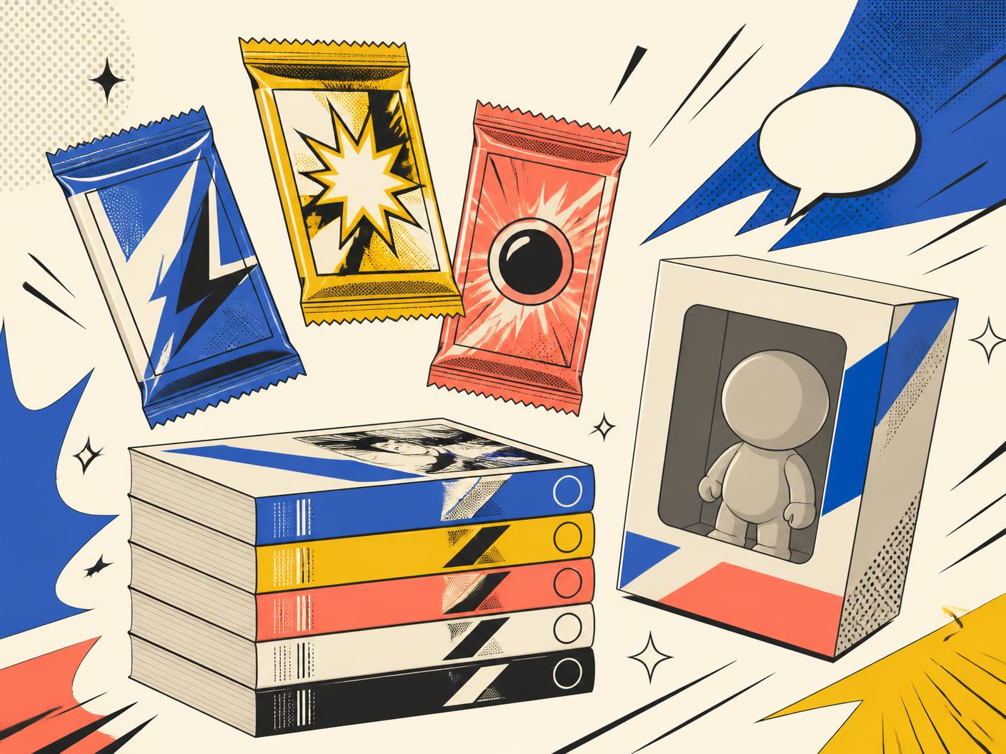 Illustrazione con bustine di carte collezionabili, volumi manga e una figure in box